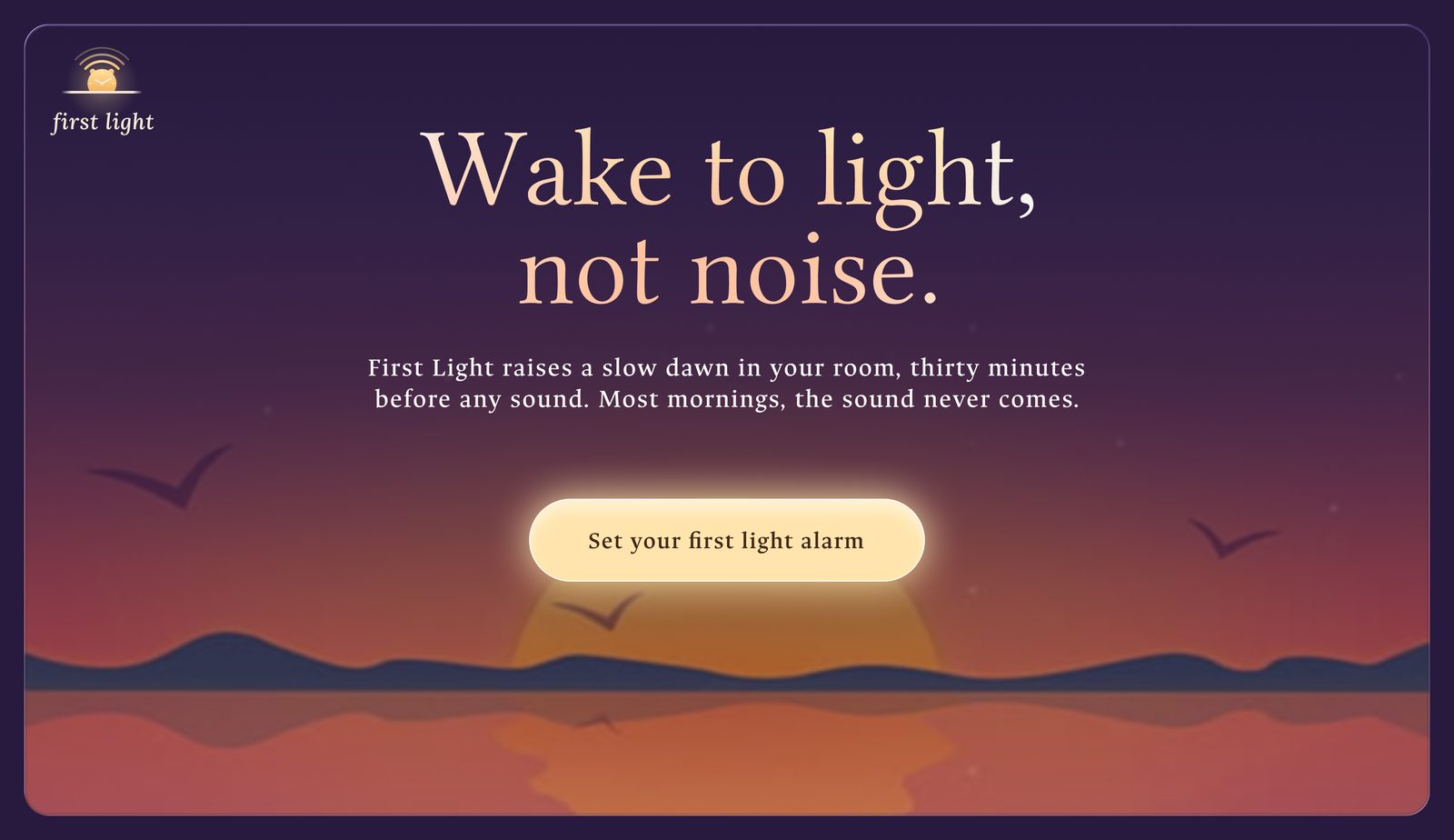First Light, landing hero study for a sunrise alarm app
