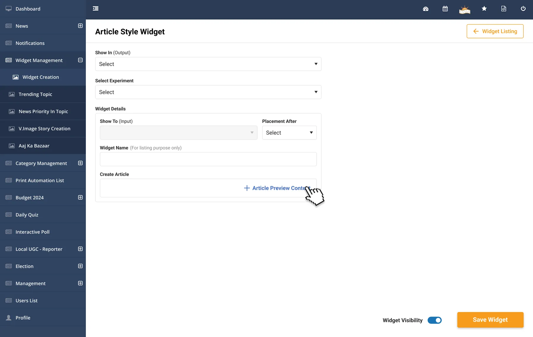 Article style widget. Show in, experiment, placement after, preview content