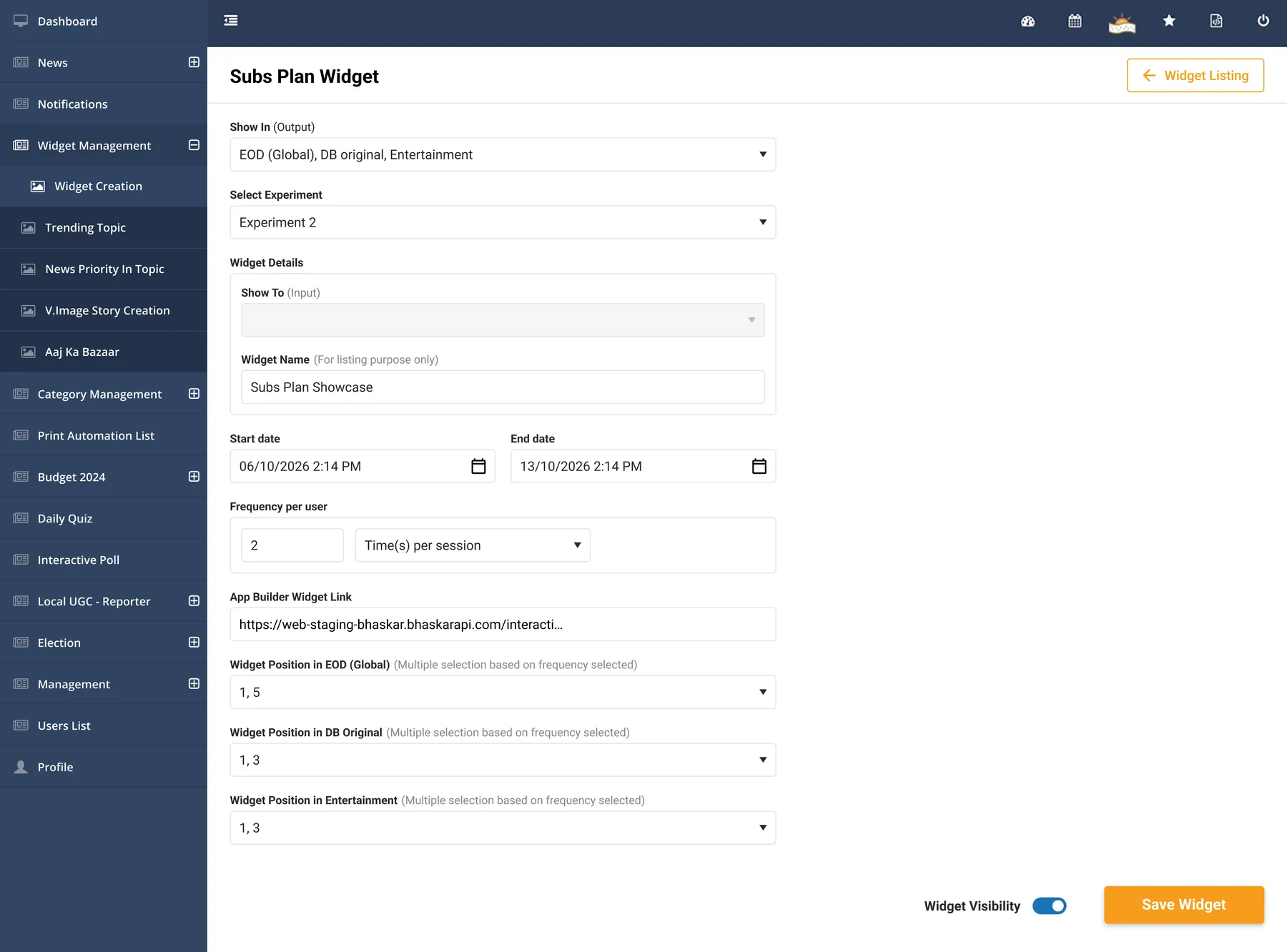 Subs plan widget, filled. Three feeds, dates, 2 times per session, positions per feed