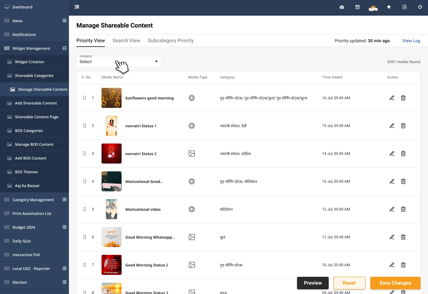 Manage shareable content. Category filter, drag to order, preview, reset, save