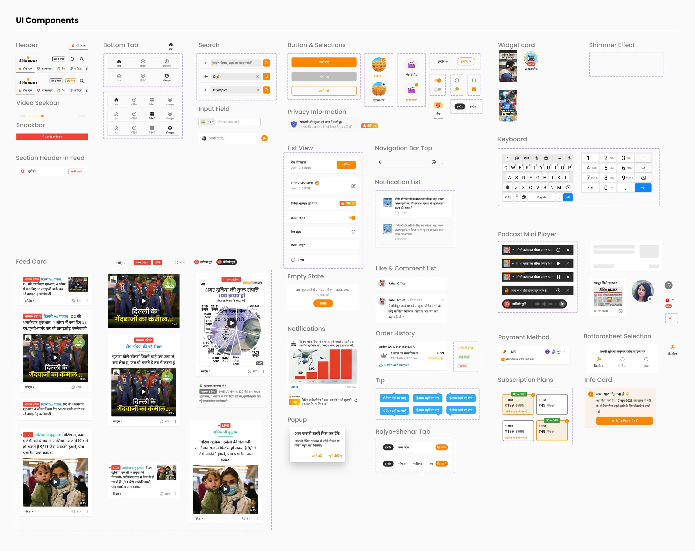 Components. Headers, tabs, search, buttons, lists, notifications, keyboard, podcast player, payment, subscription plans, info card and the news card