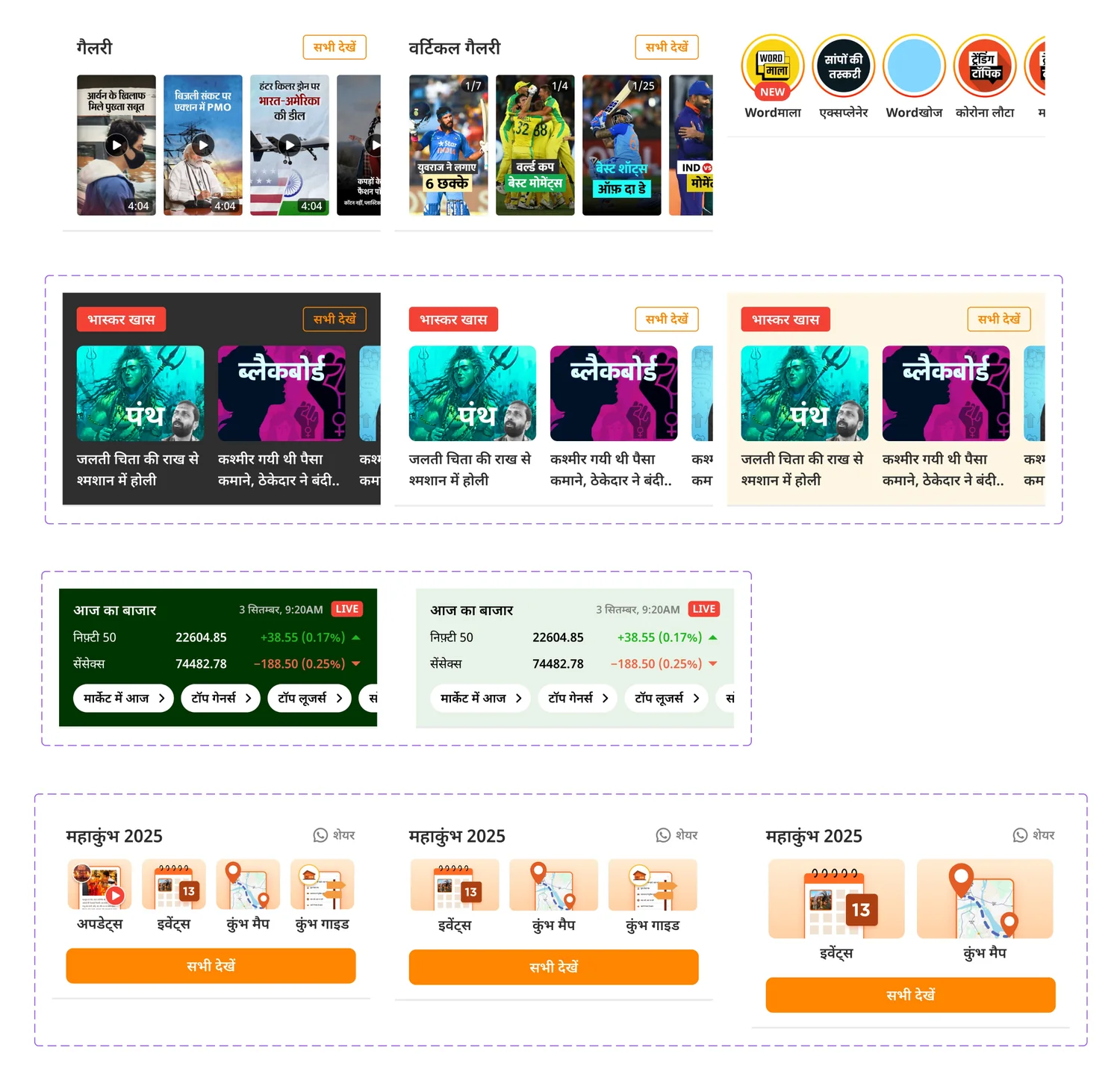 Widgets. Galleries, Bhaskar Khaas themes, market band, Mahakumbh 2025 and story rings