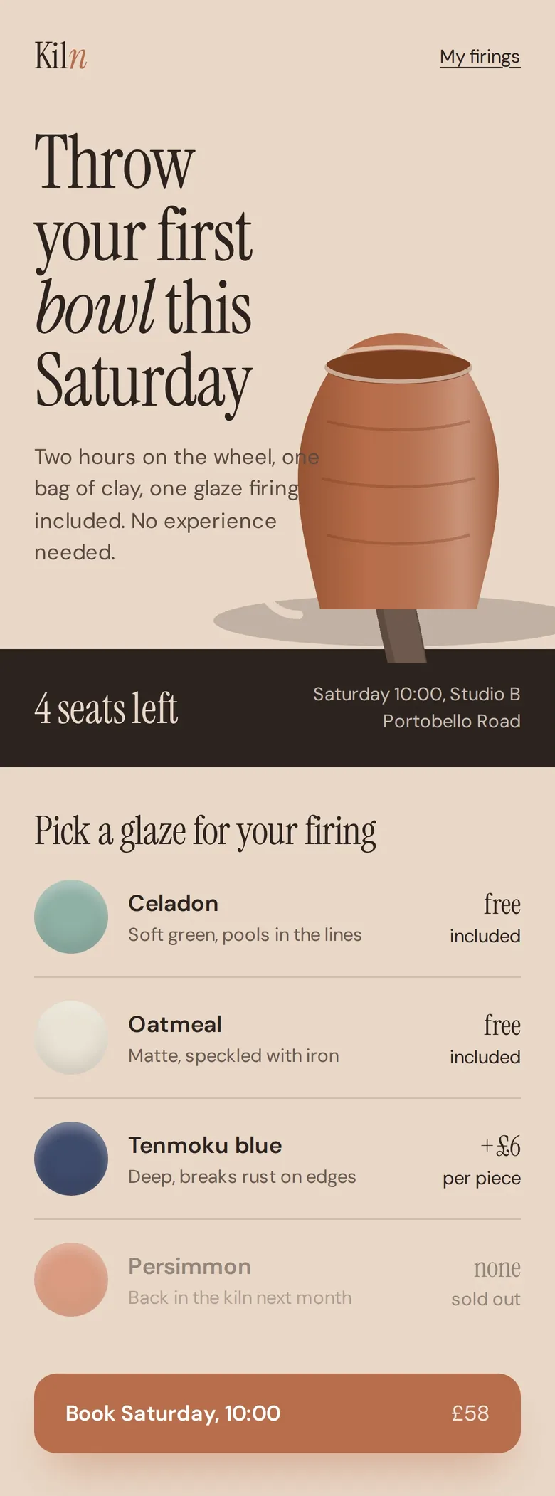 Kiln, ceramics studio class booking