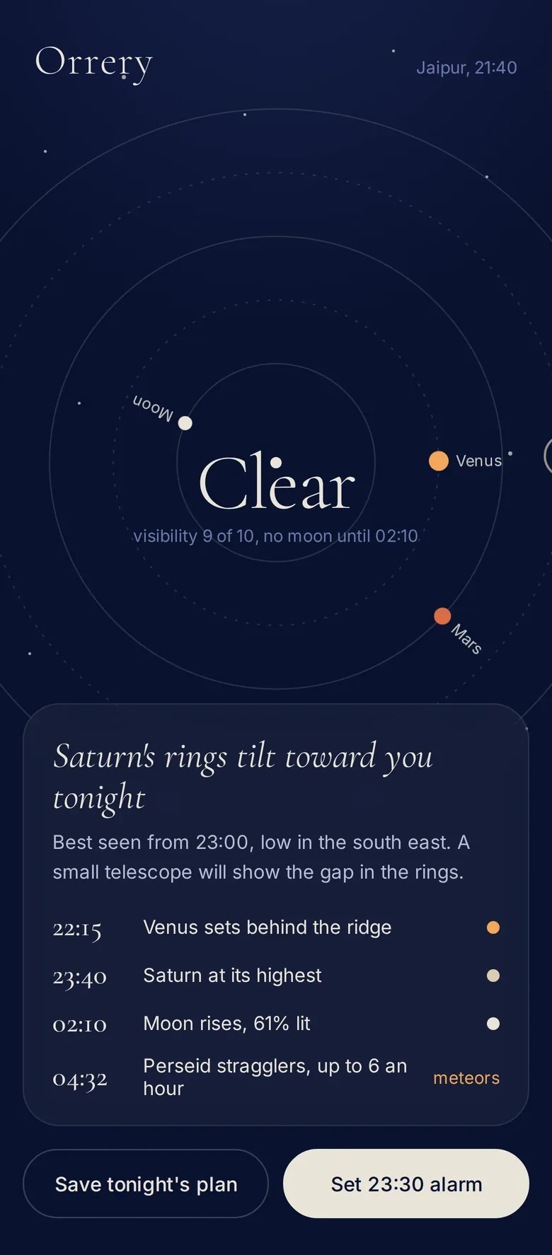 Orrery, tonight's sky with live orbit rings