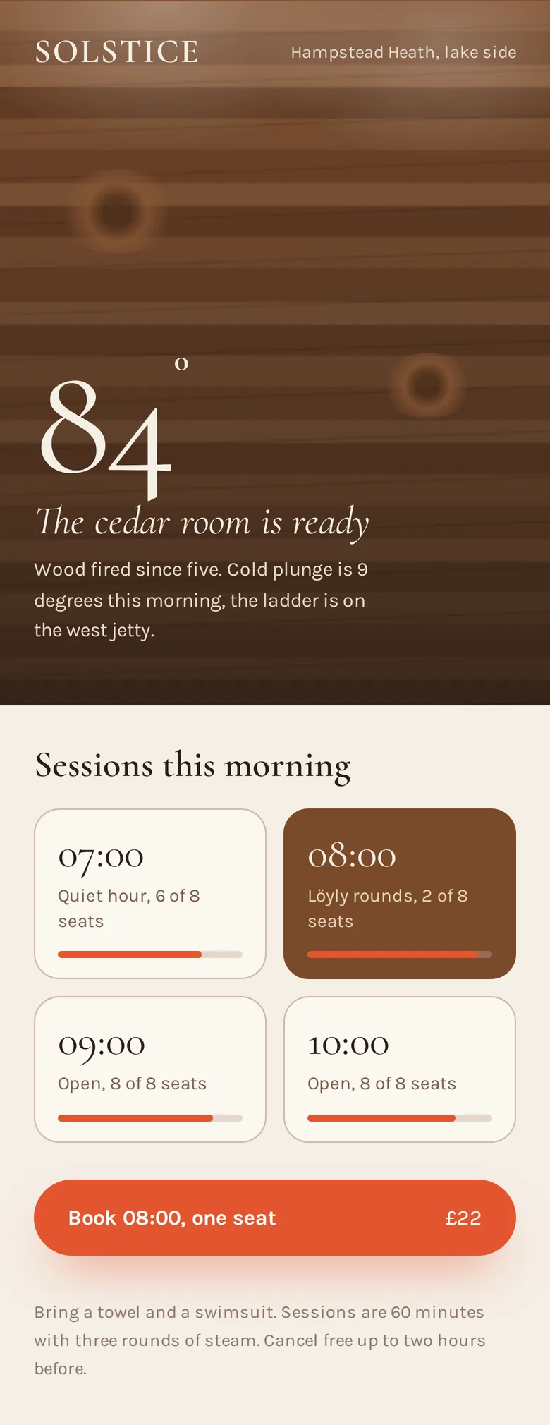 Solstice, lakeside wood sauna booking