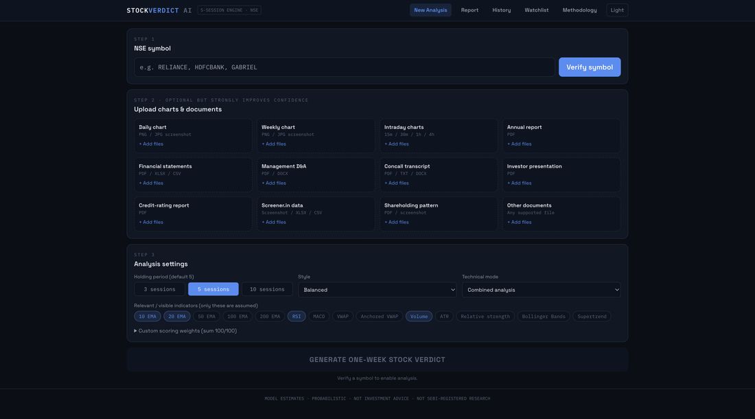 Stock Verdict AI analysis setup screen, showing NSE symbol verification, document upload slots and a run button